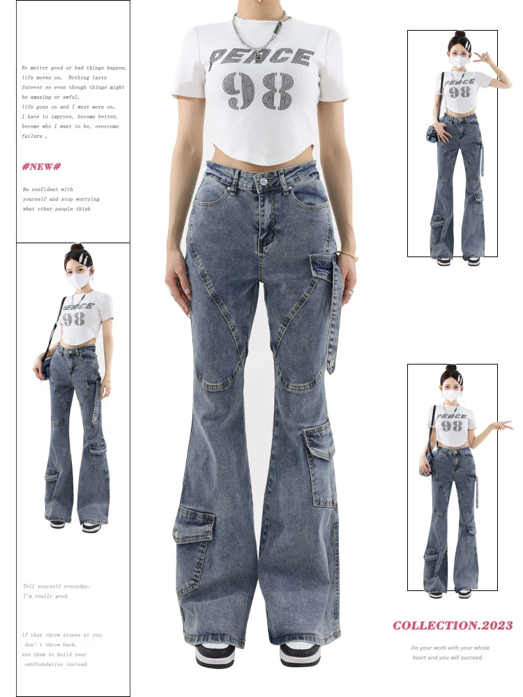 

Women Blue Flare Cargo Jeans Vintage 90s Aesthetic Y2k Denim Trousers Harajuku High Waist Cowboy Pants 2000s Trashy Clothes 2024