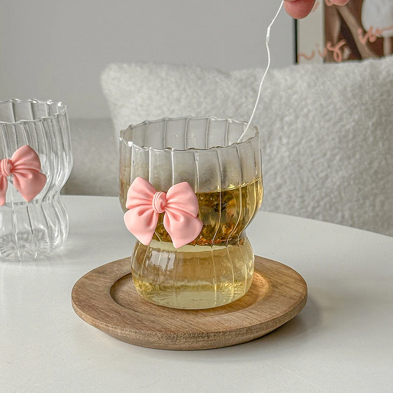 Cute Pink Bow Glass Water Cup Cartoon Bow Glass Cup Striped Cute Doodle Coffee Mug Household Fruit Tea Lemonade Girls Gift