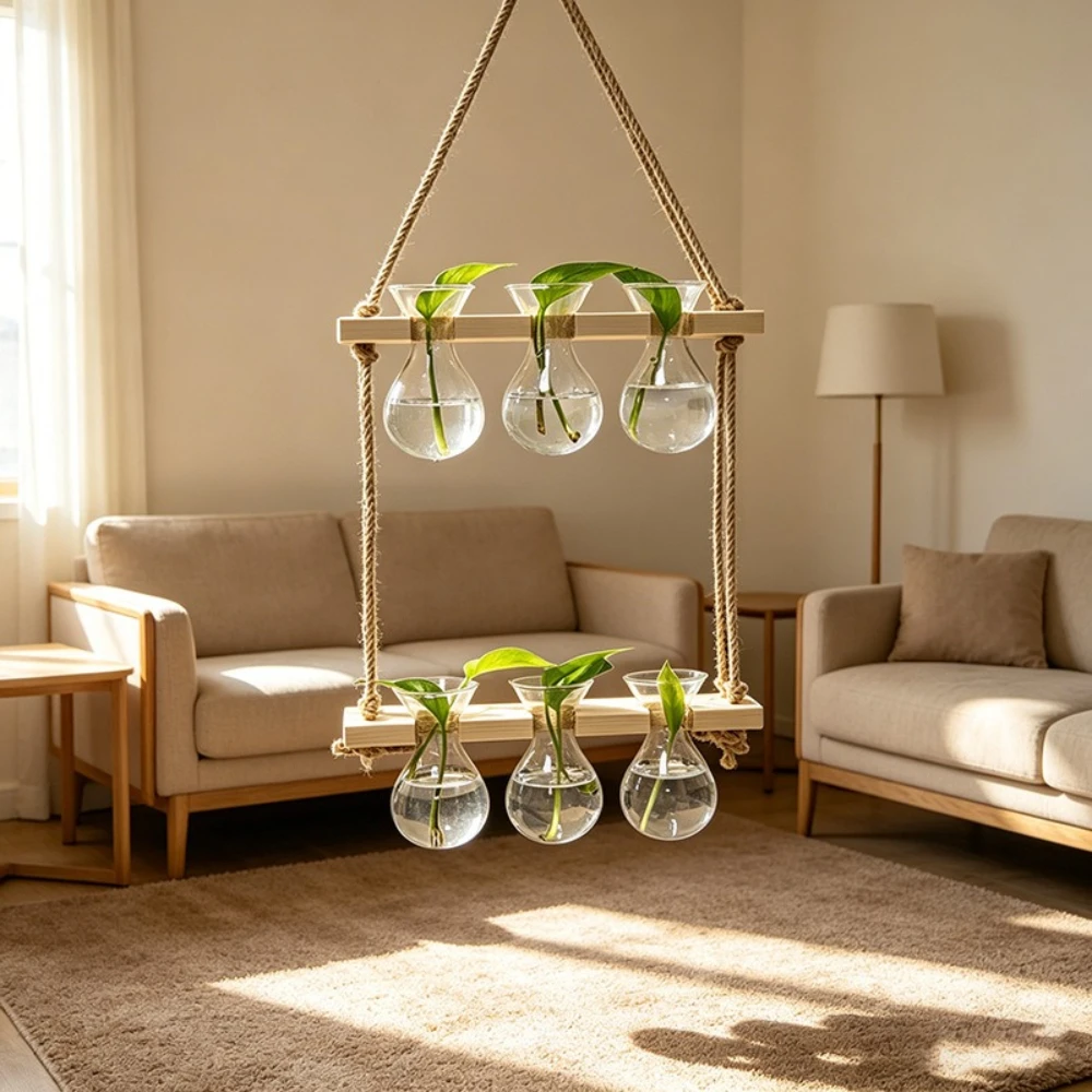 Creative Plant Wall Hanging Glass Vase Propagation Tubes with Wooden Stand Home Living Room Garden Office Hydroponic Decor