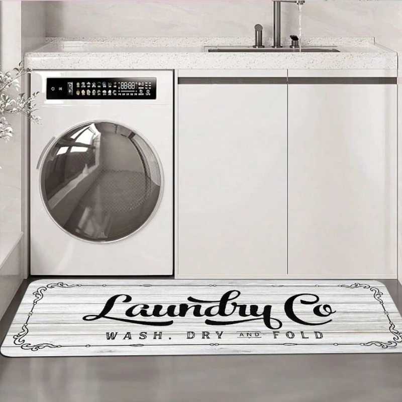 Hot Selling 1 Piece White Wood Grain Letter Print Laundry Room Rug Suitable for Laundry Room Hallway Entrance Kitchen Decoration