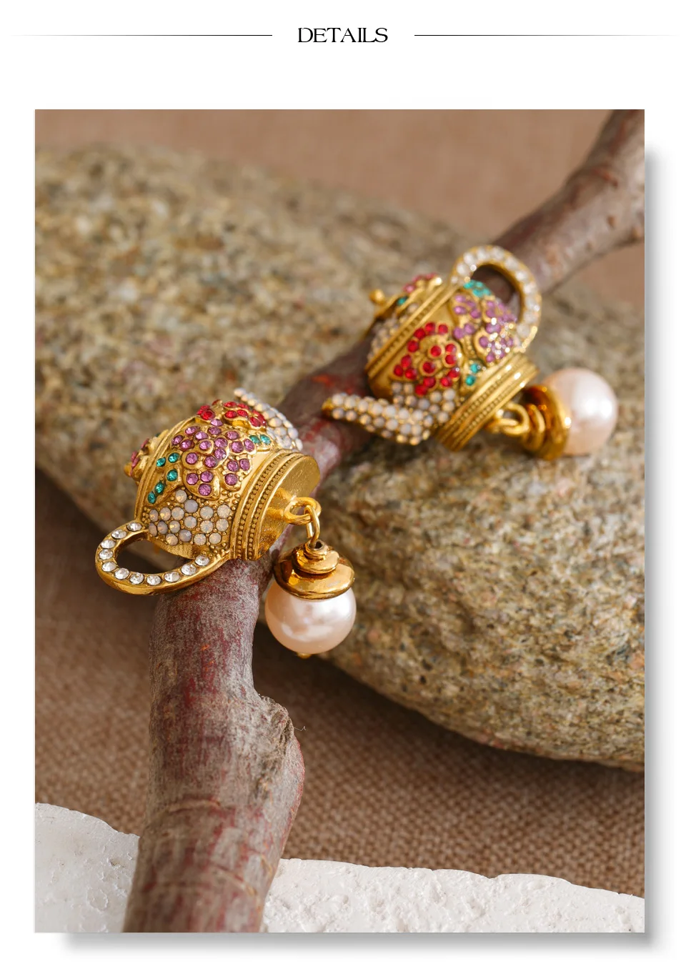 Yhpup Bunte Strass-Ohrringe mit simulierten Perlen, Teekanne-Design, goldfarben, Vintage-Mode, Ohrschmuck, Accessoires – Detail 8