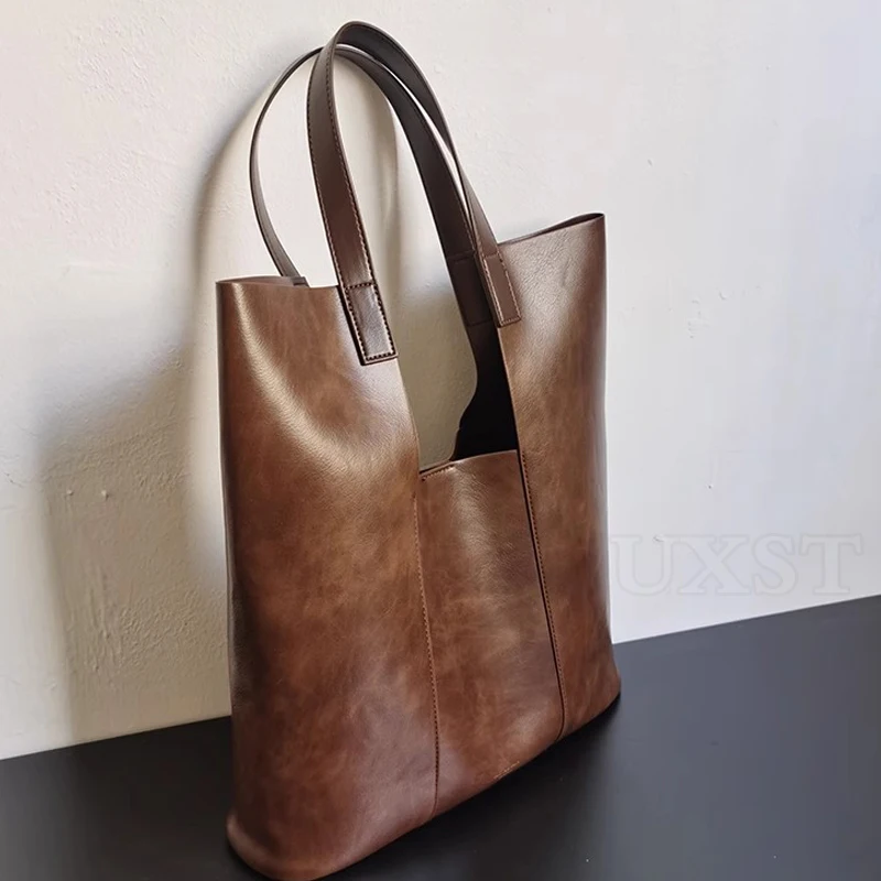 UXST Vintage Genuine Leather Tote Women Shoulder Bag Oil Wax Leather Commuter Bag Fashion Large Capacity Underarm Bag