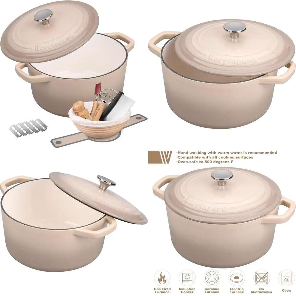 

Round 6-Quart Enamel Cast Iron Dutch Oven with Lid for Bread Baking, Including Sourdough Starter Kit