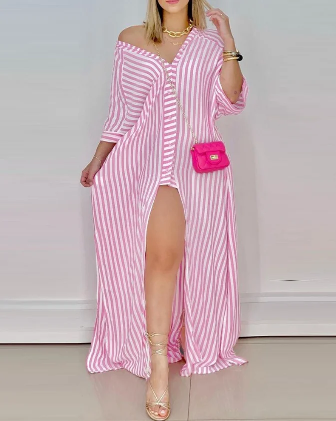 Women's Fashion Casual Stripe Button Design High Seam Long Skirt Spring/Summer 2025 New Women's Clothing