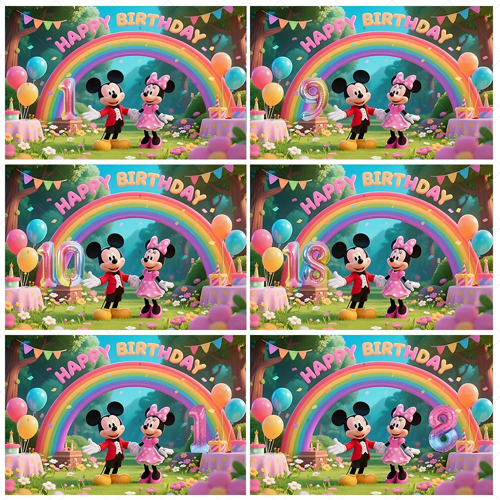 

Mickey Minnie Mouse Background Banner 1-18th Birthday Party Decoration Colorful Number Balloon Rainbow Backdrop Photography Prop