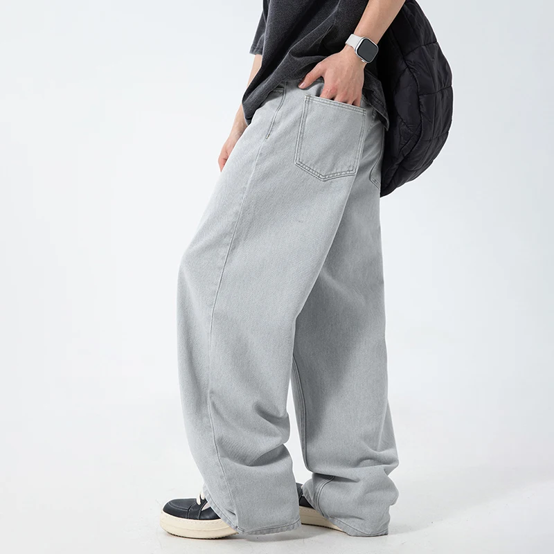 الكورية نمط خمر الجينز الرجال بنطال ذو قصة أرجل واسعة مستقيم الساق السراويل مرونة الخصر السراويل الفضفاضة موضة عادية الدينيم الجينز #3