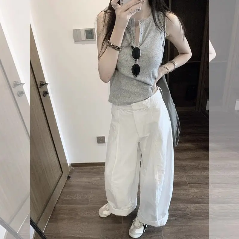 Chaleco ajustado sin mangas gris informal para mujer, pantalones de pierna ancha blancos, conjunto de 1 o dos piezas, camisetas sin mangas sólidas básicas de verano 2025, traje de pantalones