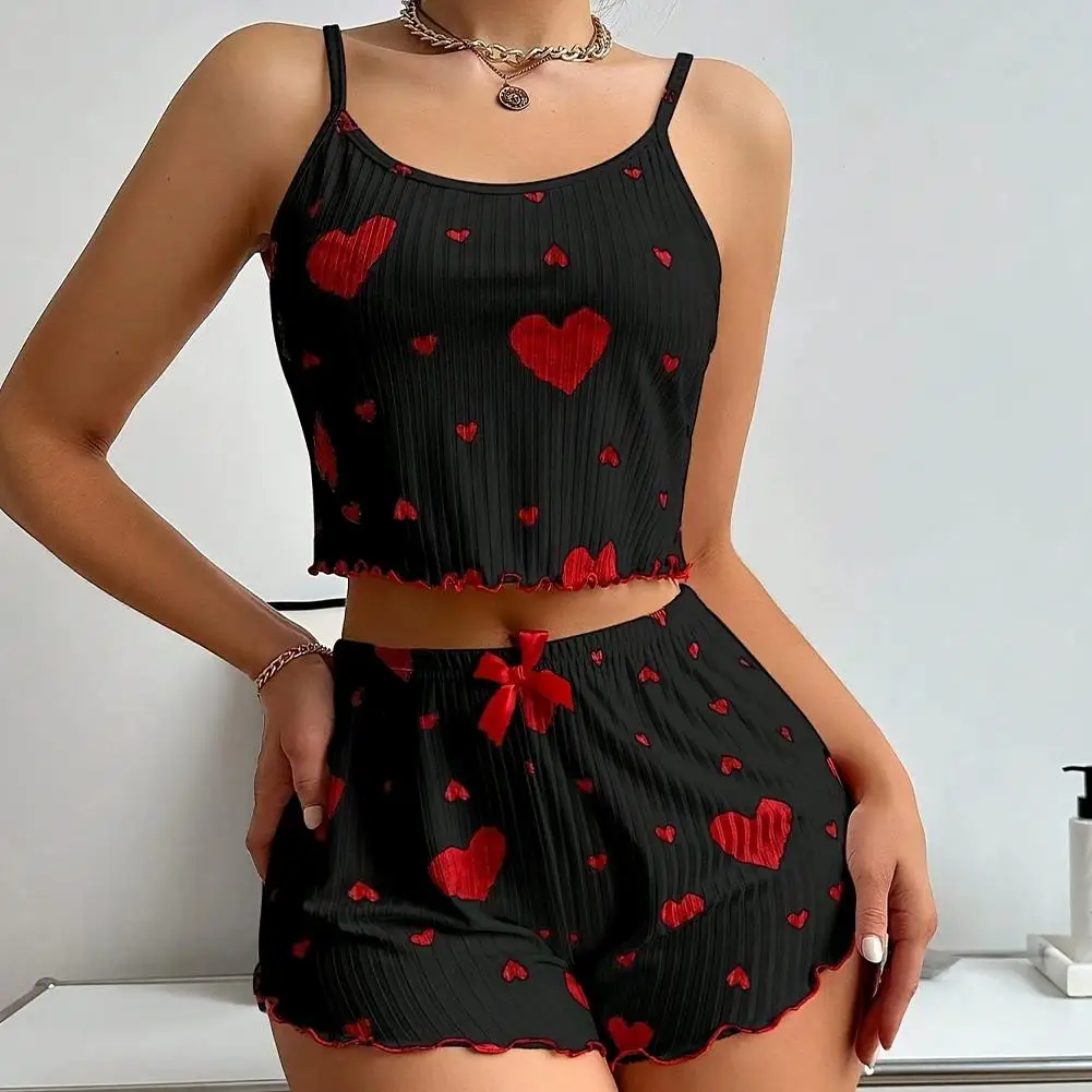 جديد الفتاة السباغيتي حزام قمصان + السراويل Homewear طباعة الملابس الداخلية بيجامة مثير الملابس الداخلية قمصان الدبابات نايتي النساء ملابس خاصة