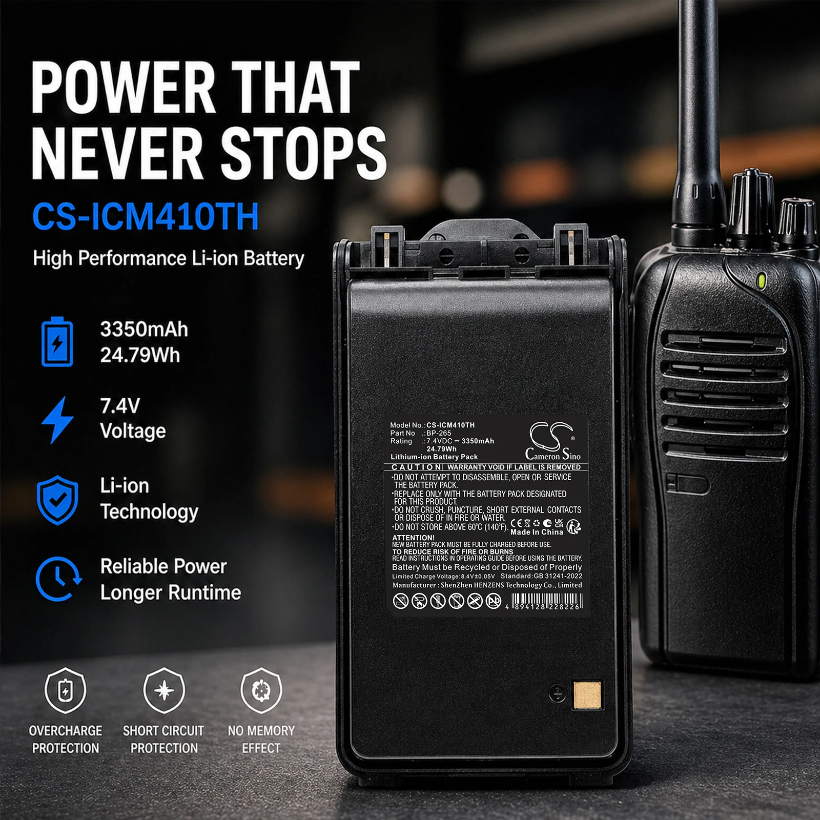 Replacement 7.4V 3350mAh Two-Way Radio Battery BP-265  for Icom IC-3101 IC-4101 IC-F3001 IC-F3002 IC-F3003 IC-F3008 IC-F4001