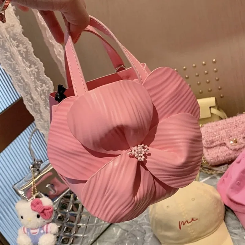 Flower Bucket Bag Women Elegant Crossbody Chain Handbag Party Evening Clutches Bags Baby Pink Wedding Purse Girls Small Totes