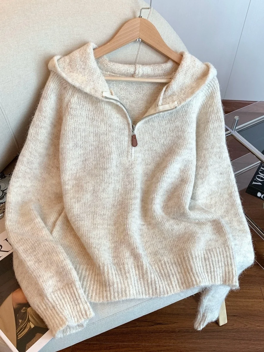 

Корейский вязаный свитер с капюшоном Jaet, женский осенне-зимний ленивый повседневный свободный крой, универсальный вязаный топ на молнии