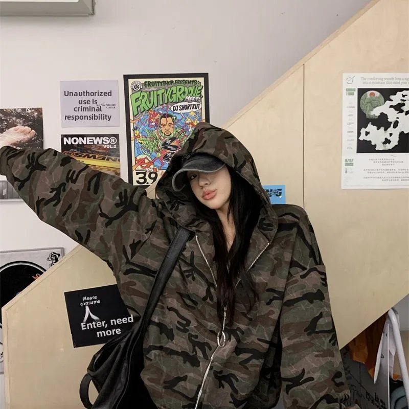 Women\'s Camouflage Hoodie Jacket Loose Casual Long Sleeve Zipper Top Autumn Fashion Design All-Match Streetwear Sweatshirt