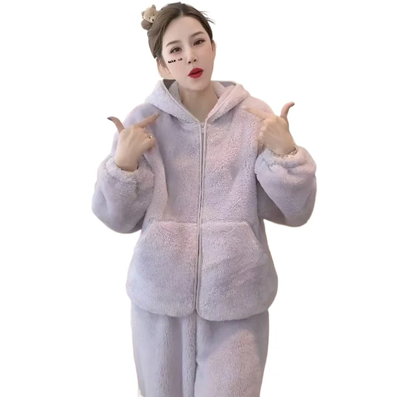 

Fleece Thermal Hooded Casual Pajamas Set Fashionable Lazy Style Leggings New Loungewear Pure Color Can Be Worn Outside Underwear