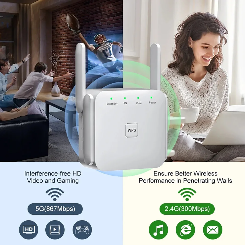 AC1200 WiFi Repeater Dual Band 2.4G/5GHz Wireless Range Extender Signal Booster 1200Mbps with WPS EU/US Plug for Home Router