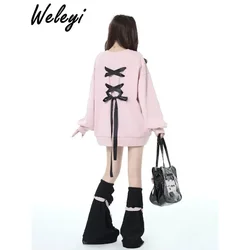 Sweet Lace-up Hoodie Female Student 2024 Spring and Autumn New College Style Soft Girl Loose Cute Bow Tie Long Sleeve Sweatshirt