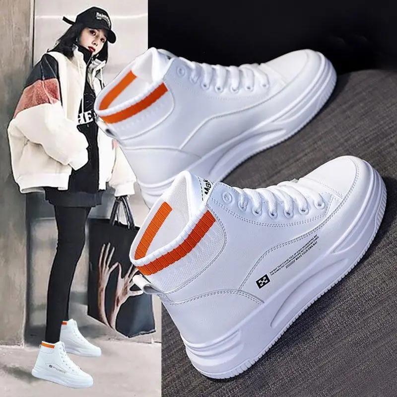 

High top white shoes, leather shoes, thick soled casual sports board shoes, Instagram trendy versatile women's shoes