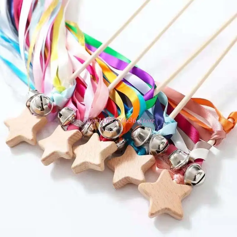 R6FD Rainbow Hand Bells Ribbon Wand with Mini Bells Learning Sensory Toy
