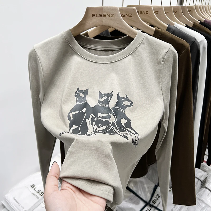 تنوعا سليم صالح القمم الخريف الشتاء تي شيرت المرأة شيك مطبوعة القطن بأكمام طويلة س الرقبة الكورية نمط بسيط قاعدة طبقة تيز