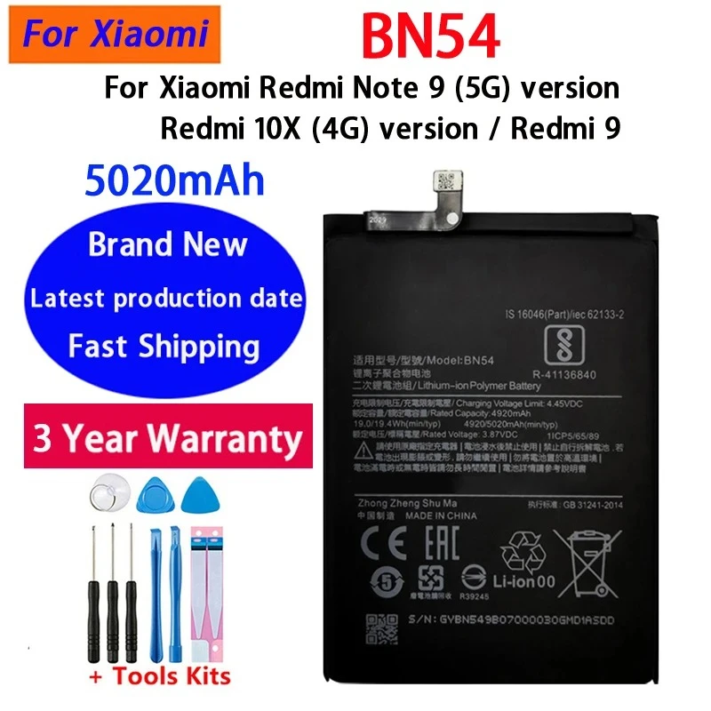 BN54 Battery For Xiaomi Redmi Note 9 5G Note9 / Redmi 9 / Redmi 10X 4G Phone Batteries Bateria Batterij Fast Shipping+Tools