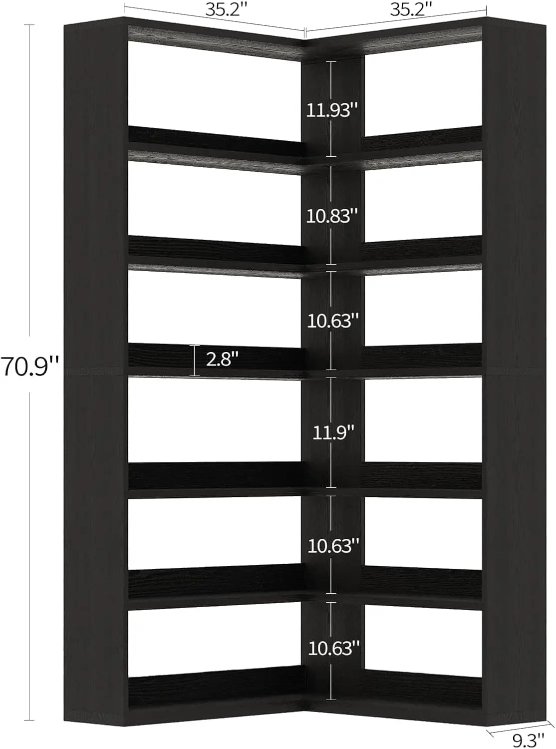 رف كتب على شكل حرف L مقاس 71 بوصة مع أضواء LED، أسود