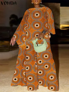 VONDA-Ensemble de pantalons taille haute pour femmes, manches évasées, pantalon taille haute, bohème décontracté, imprimé adt, grande taille, 5XL, automne, 2024, 2 pièces