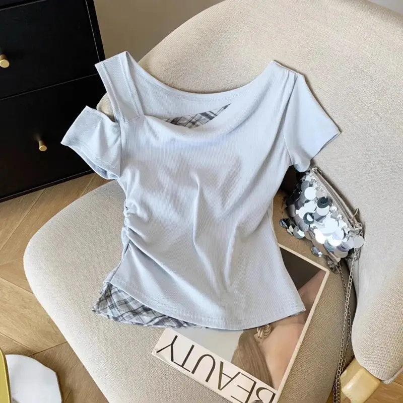 RAISE Summer Women Off Shoulder Fake Two Piece T-Shirt Slim Fit Color Block Splicing Tee for Ladys Spliced Plaid Women Pullovers