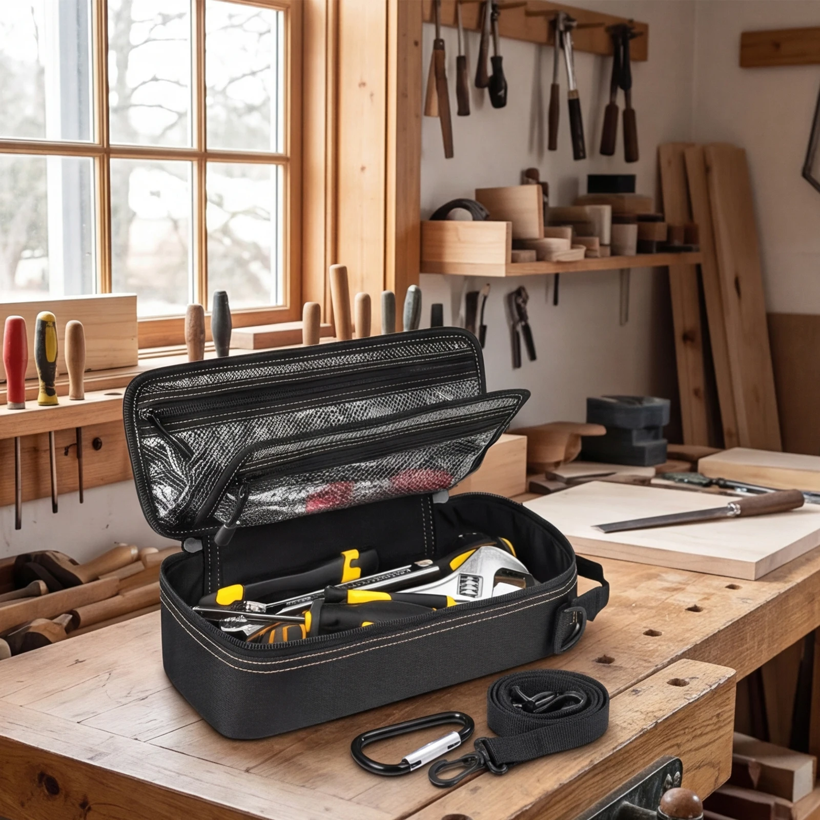 Portable Utility Organizer Case with Carabiner&Strap&Handle Electrician Tools Kit Bag Travel Hardware Cases Mechanic Tools Box