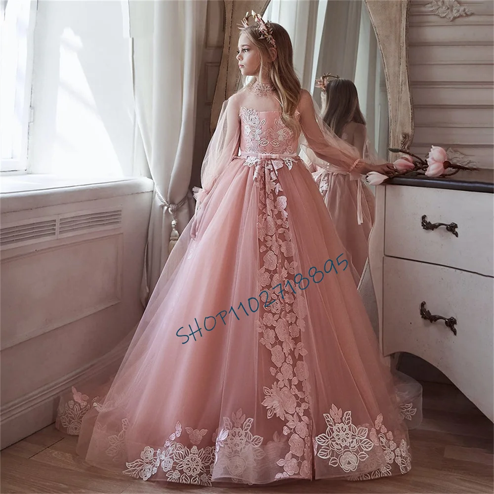 Gorgeous Tulle Lace Printing Trailing Princess Flower Girl Dresses Wedding Party Ball First Communion Dresses Birthday Present