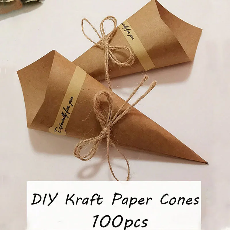 Cono de papel Kraft Natural para envolver, confeti, pétalos de rosa secos, para boda, fiesta de cumpleaños, decoración de festivales, 100 piezas
