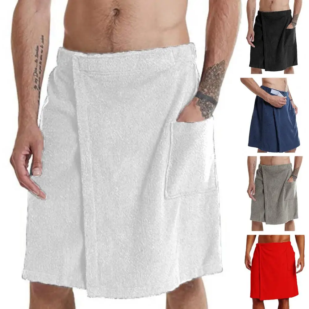 Great Water Absorbance Bath Towel Adjustable Men's Bathrobe with Elastic Waist Nightgown Homewear with Pocket for Outdoor Sports