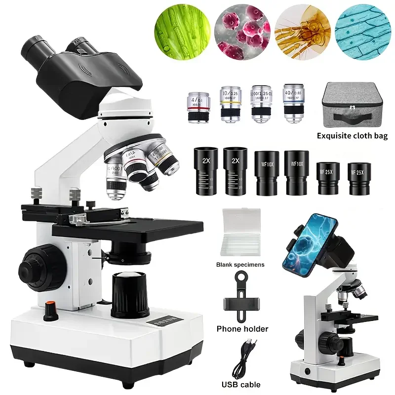 Microscope binoculaire pour adultes 40X-5000X HD, ensemble d'outils de laboratoire d'inspection, pour les écoles, la maison et la recherche scientifique