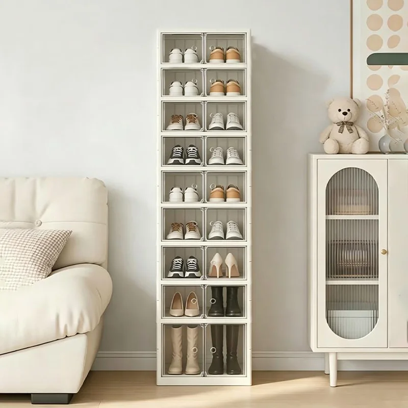 Foldable Shoe Rack Storage Box, 3-9 Layers, Can Hold 6-18 Pairs of Shoes, 43.5 Inches Wide | Foldable Shoe Storage with Doors, Plastic Shoe Cabinet with Wheels, for Entryway and Living Room, Easy-to-Assemble Shoe Rack