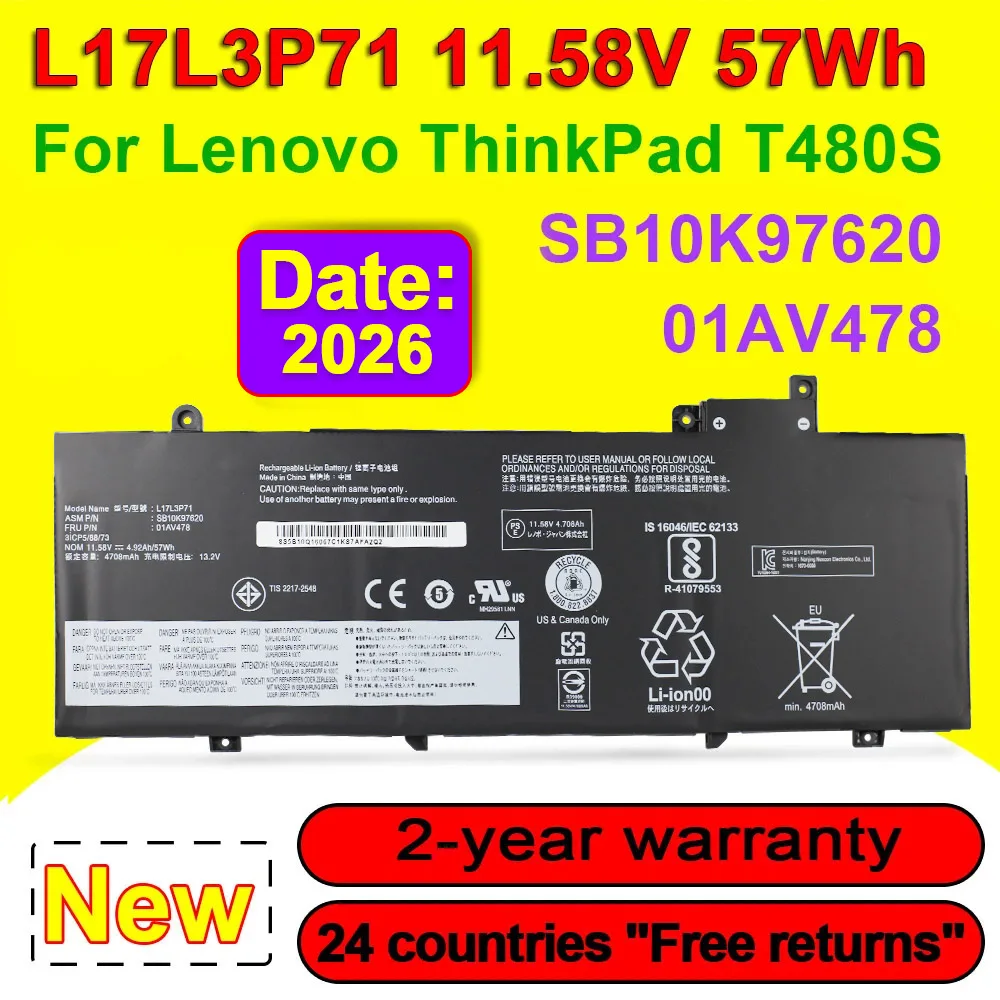 DODOMORN 11.58V 57Wh L17L3P71 01AV478 Laptop Battery For Lenovo ThinkPad T480S Series 01AV479 01AV480 L17M3P71 SB10K97620 OEM