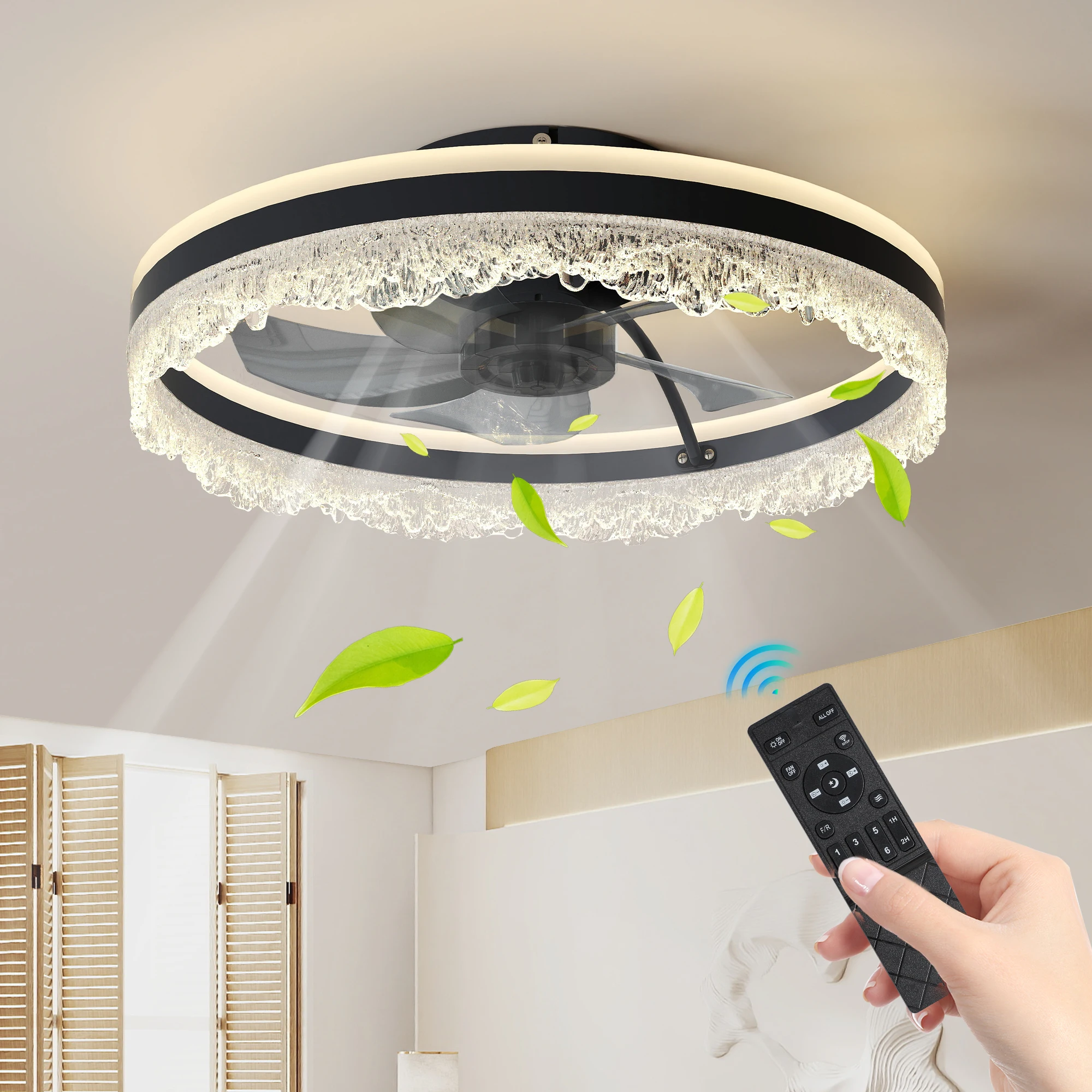 

19.7-inch black embedded ceiling fan, with remote control, 3000k-6000k dimmable modern intelligent bladeless thin ceiling fan