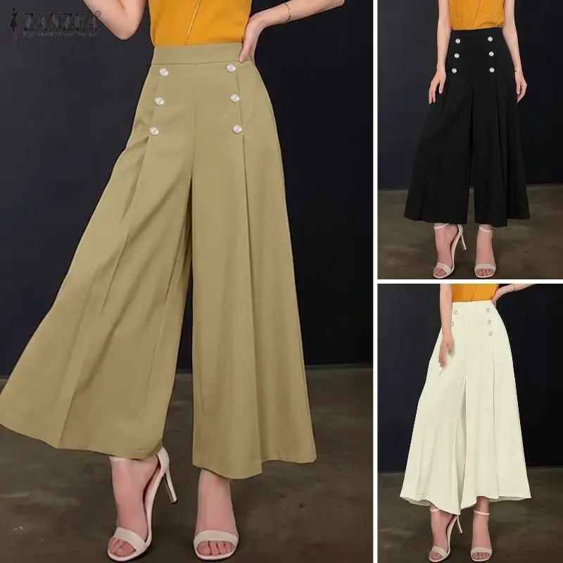 Elegante Damen-Hosen mit hoher Taille, Baggy-Stil, ZANZEA, Sommerhose mit weitem Bein, einfarbig, locker, OL-Arbeit, plissiert, Pantalon, Palazzo, weibliche Caprihose