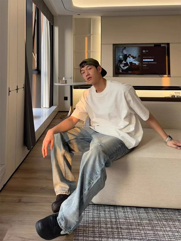 

Retro American Waed Distred Jeans Men's Loose Straight Leg Wide Leg Floor-Length Trendy Brand Long Pants Casual Cotton