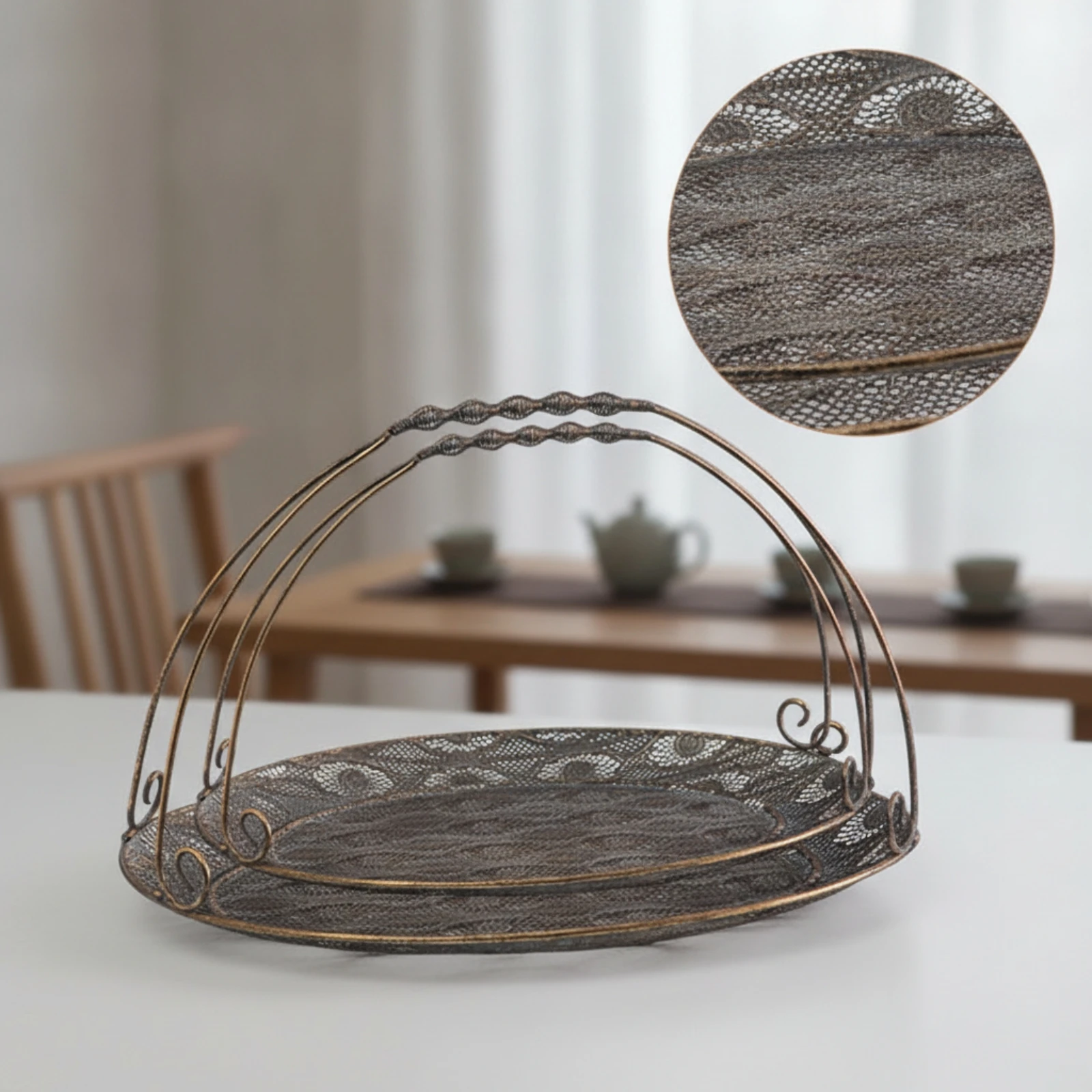 2 Pieces Wrought Iron Tray Vintage Decorative Tray with Handle Perforated Metal Basket Tabletop Platter Farmhouse for Tea Table