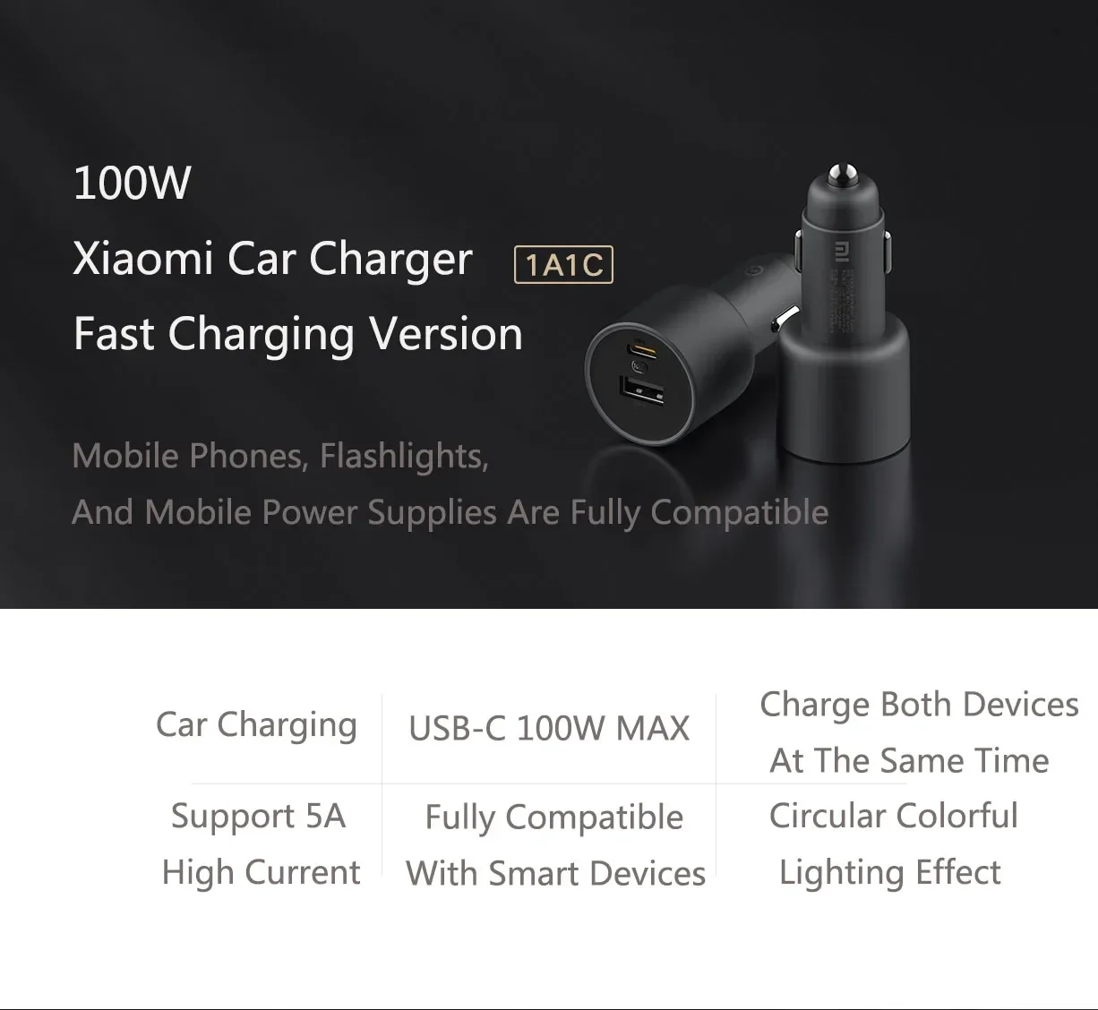 Original Xiaomi 100W Car Charger Dual USB Quick Charge Wireless Mi Car Charger 100W USB-A USB-C Dual Output LED Power