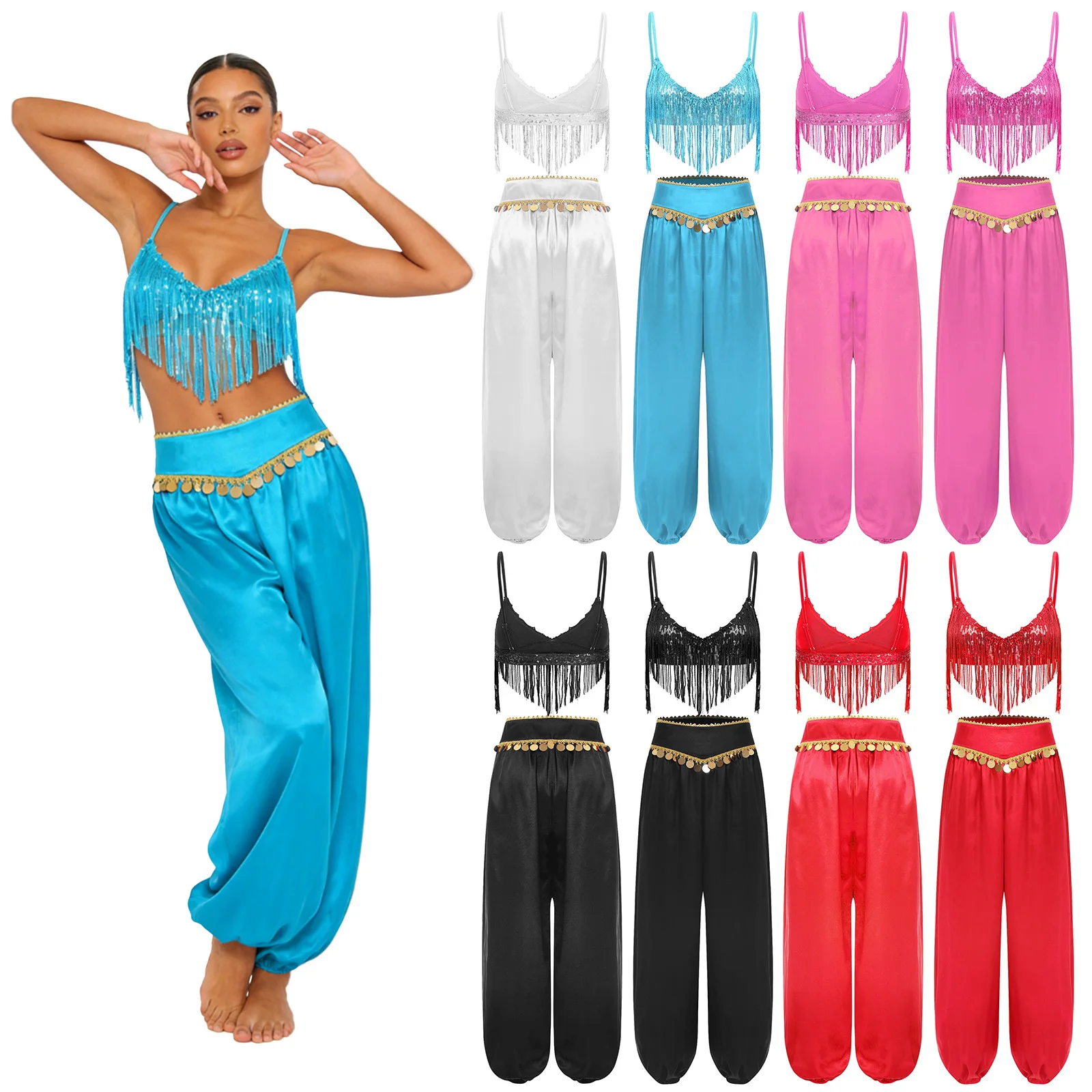 Women Sequin Tassel Indian Belly Dance Outfit Bra Top with Satin Harem Pants Arab Princess Costume for Halloween Dancing Party