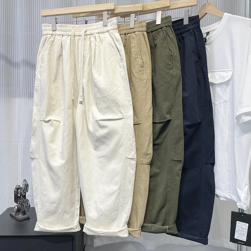 

Свободные повседневные мужские брюки из чистого хлопка, широкие брюки в уличном стиле, молодежные рабочие брюки с эластичным поясом