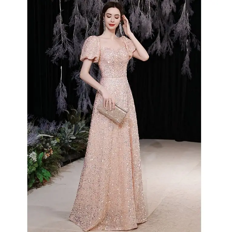 Evening dresses gala sequins Dinner dress Pink Princess Puff Sleeve Banquet dinner ball gown robe floral  L0370