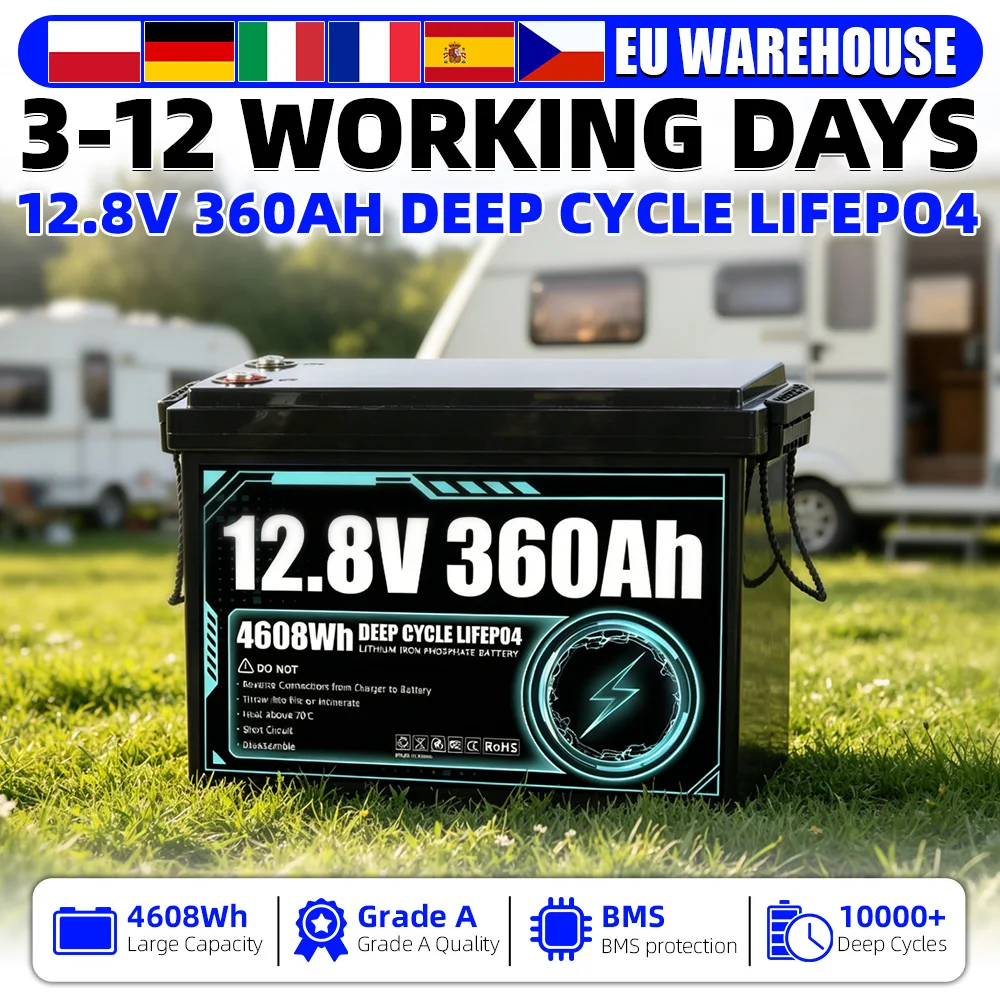 MIU 12V 360Ah LiFePO4 Batteriepack Klasse A 12,8V Deep-Cycle-Zellen 10000+ Zyklen Eingebautes BMS DIY 24V 48V Für Solar-Golfcarts Wohnmobile