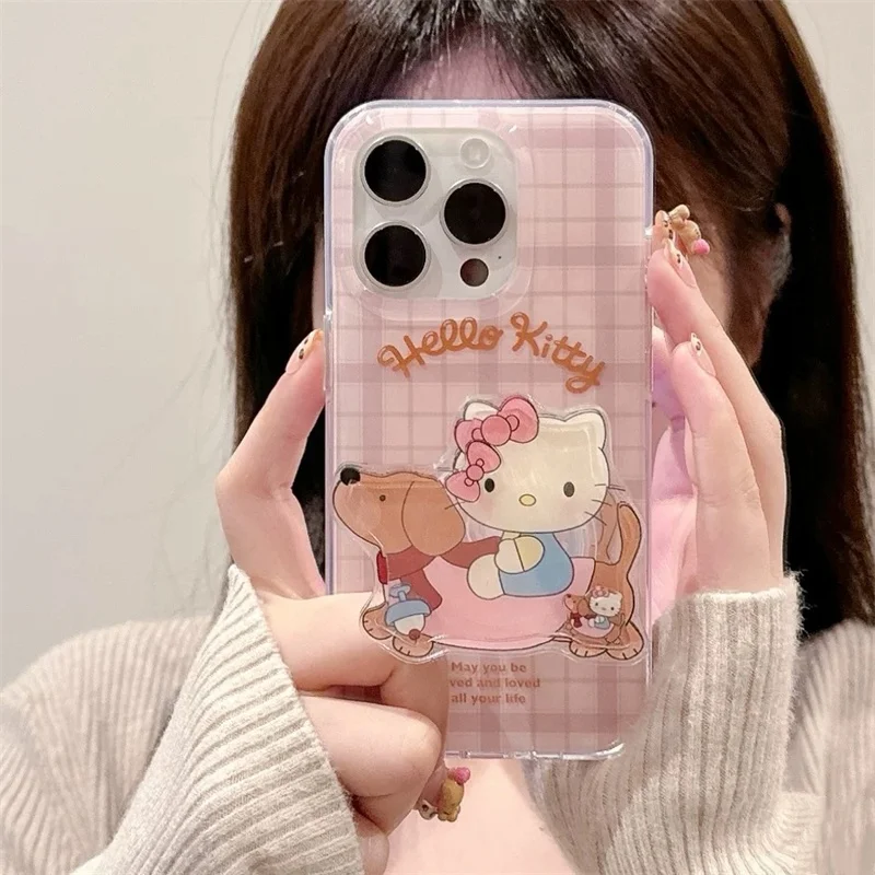 Cute Lattice Dachshund Hello Kitty Bow Shake Kitty Holder Phone Case For iPhone 13 14 15 16 Pro Max Hot Funny KT Shake Bracket