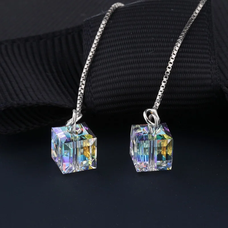 Simple Transparent Crystal Cube Drop Earrings for Women Fashion Long Box Chain Dangle Earrings Statement Jewelry Gifts