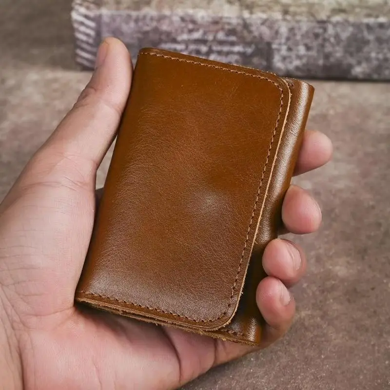 Genuine Cowhide Leather Wallet For Men Women Vintage Handmade Short Small Men's Wallets Compact Card Holder Leather Coin Purse