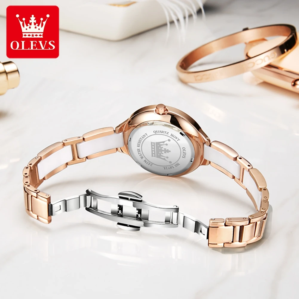 Jam Tangan Wanita Mewah OLEVS 5872, Elegan, Tali Keramik, Tahan Air, Impor Jepang, Jam Quartz, Jam Tangan Wanita Sederhana