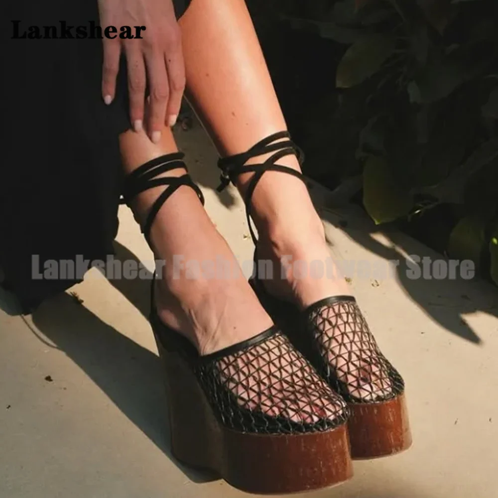 

Platform Mesh Caged Wedges Sandals Hollow Out Ankle Lace-Up Sandals Women Shoes Summer Luxury Designer Sandalias De Mujer Verano