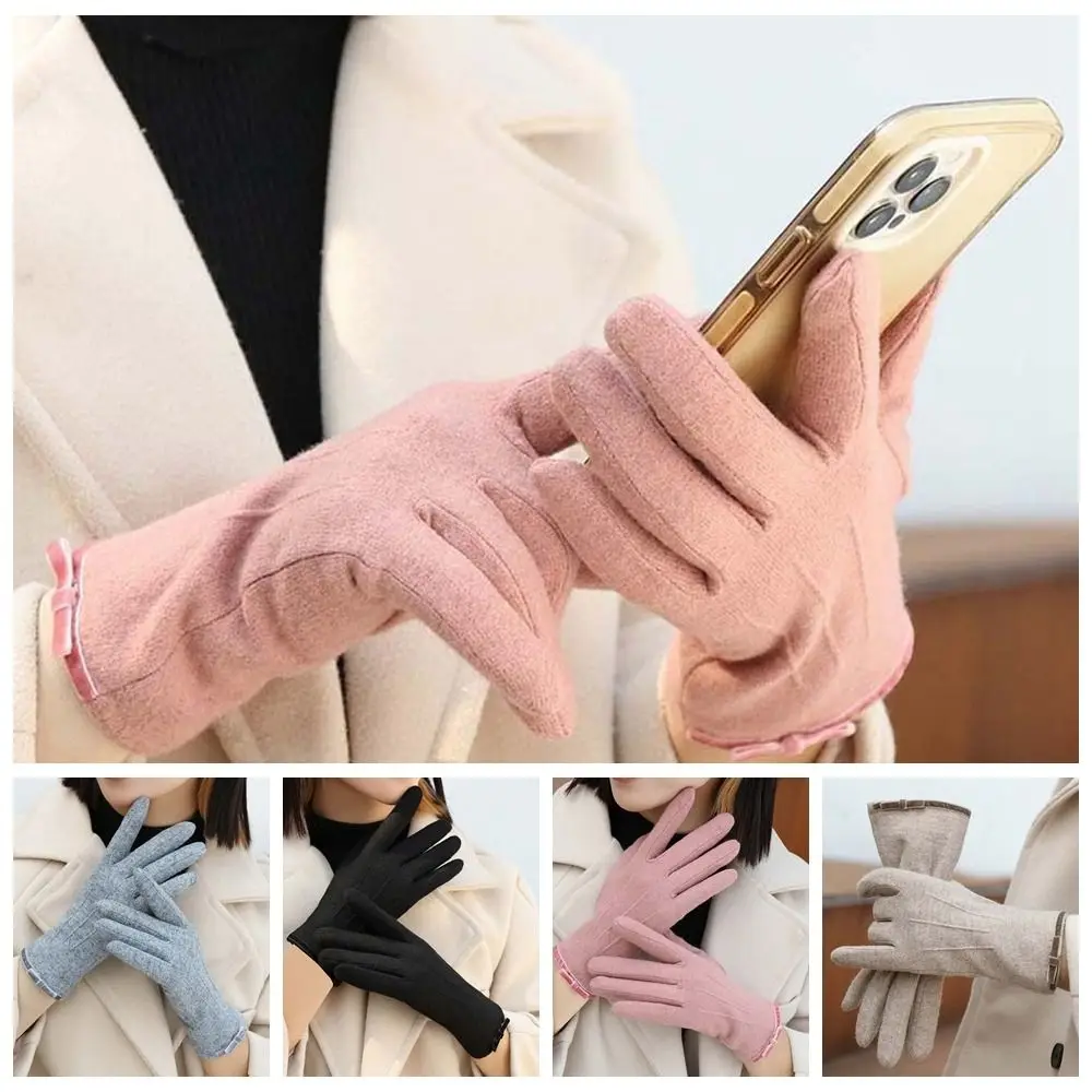 Faux Cashmere Bow Anti-cold Mittens Touch Screen Soft Soft Thickened Gloves Solid Color Sewn Elasticity Finger Mittens Lady