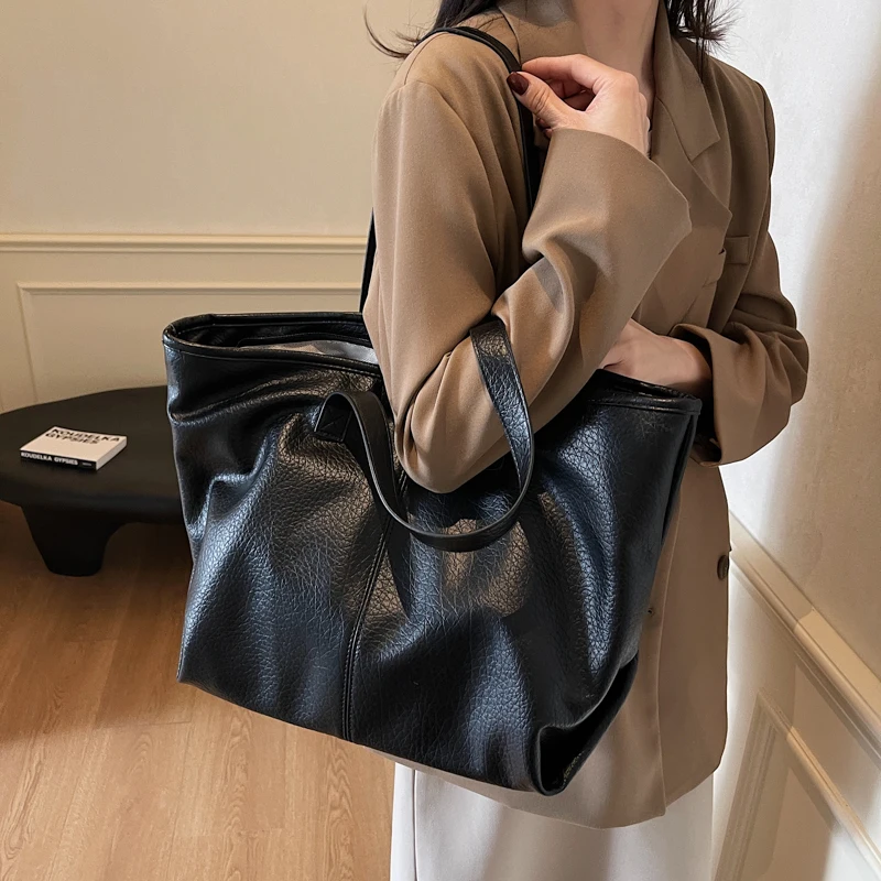 Large Capacity Black Women's Shoulder Bags Big Size Casual Tote Bag High Quality Pu Leather Bag Female Travel Shopper Handbag