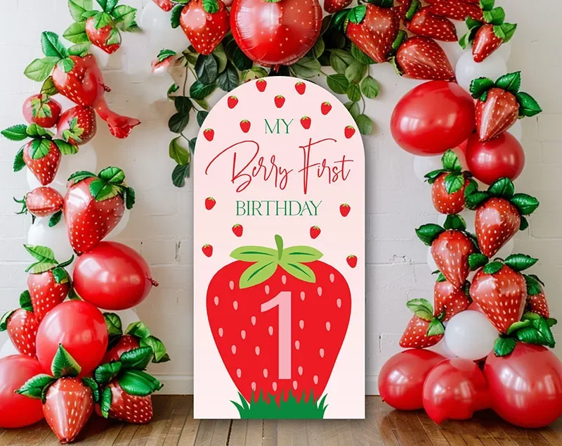 Mehofond Custom 2-Sided Strawberry My Berry First Birthday Party Baby Shower Covers Chiara Arch Wall Decor Backdrop Photo Studio